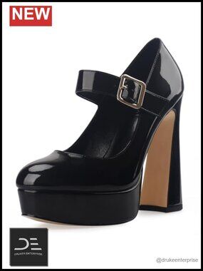 Chunky Heel Mary Jane Pumps Closed Toe Patent Leather Platform Ankle Strap